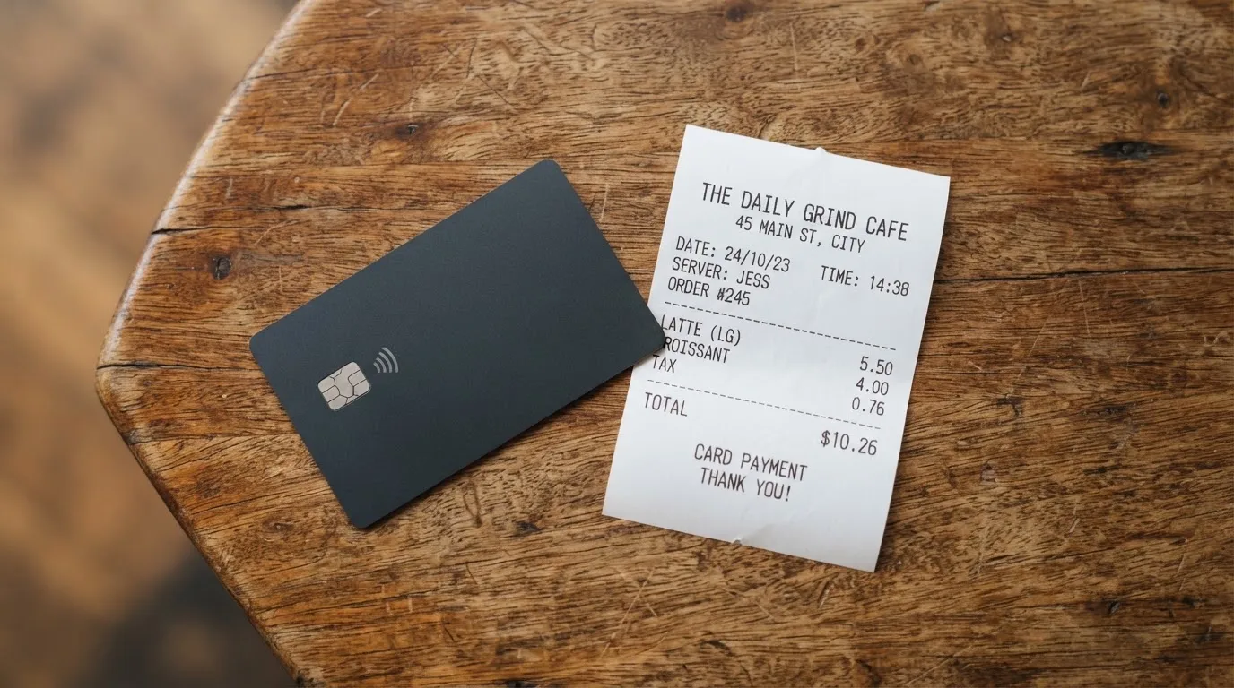 A receipt and a card on a café table