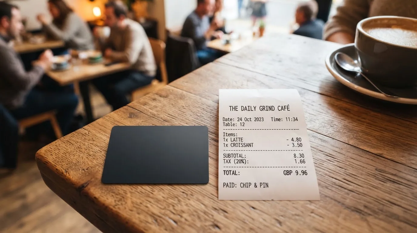 A receipt and a card on a café table
