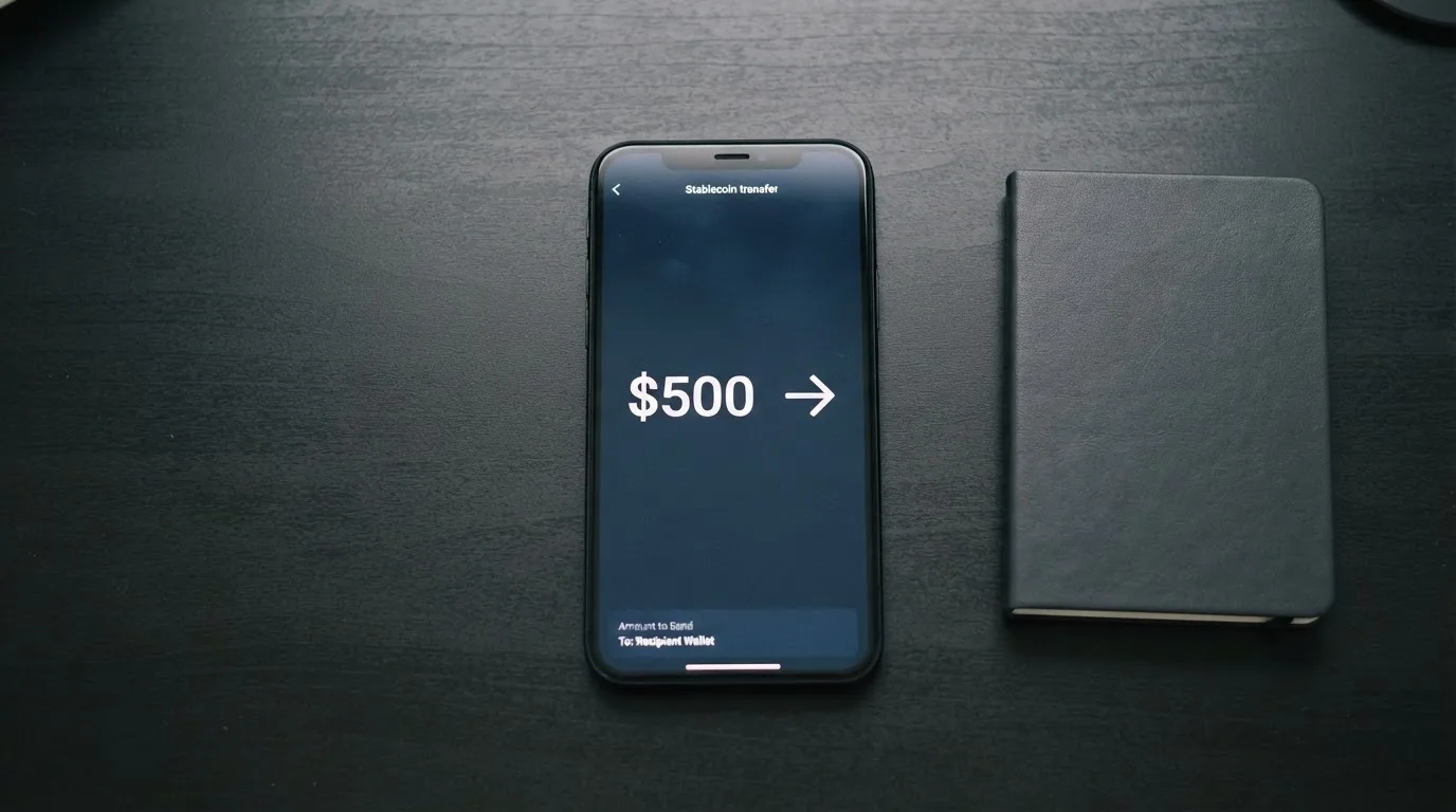 A phone showing a stablecoin transfer screen