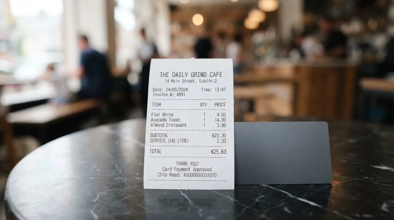 A receipt and a card on a café table