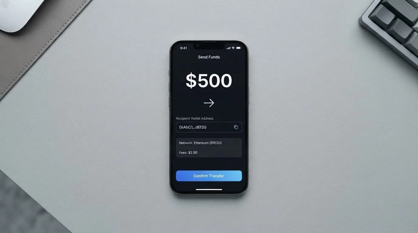 A phone showing a stablecoin transfer screen