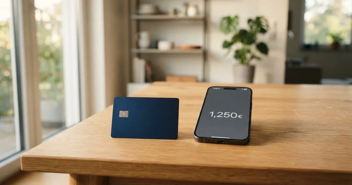 A payment card next to a phone with a crypto wallet app open