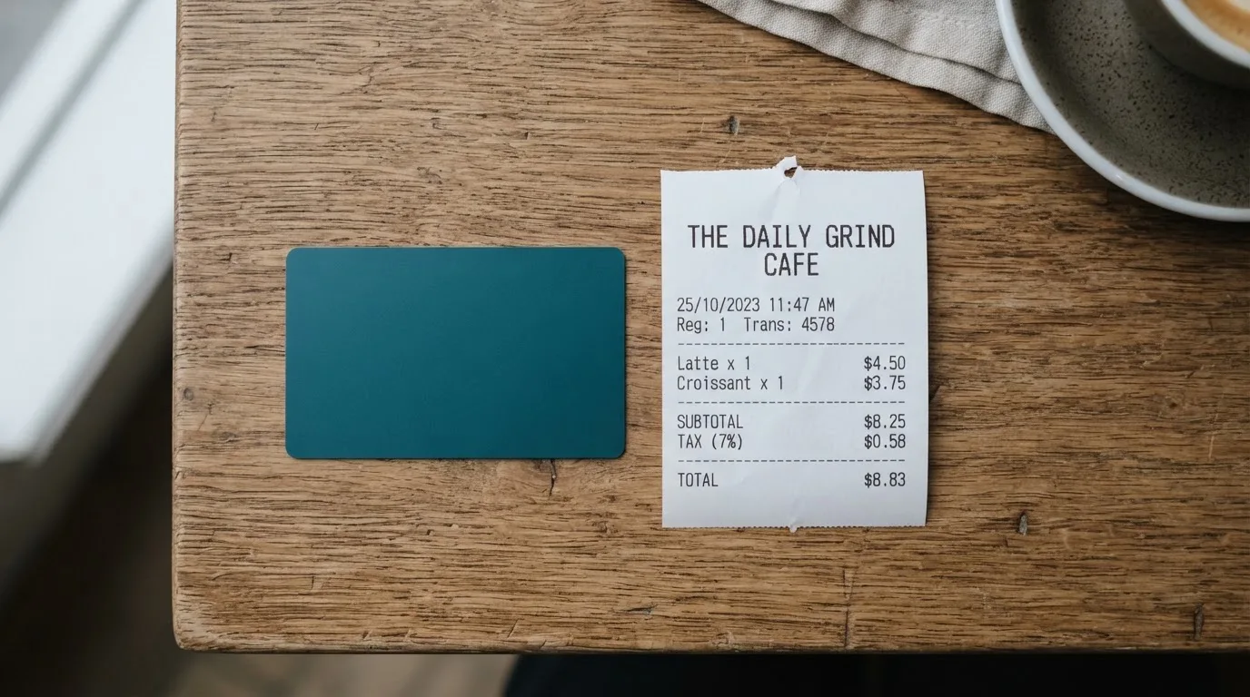 A receipt and a card on a café table