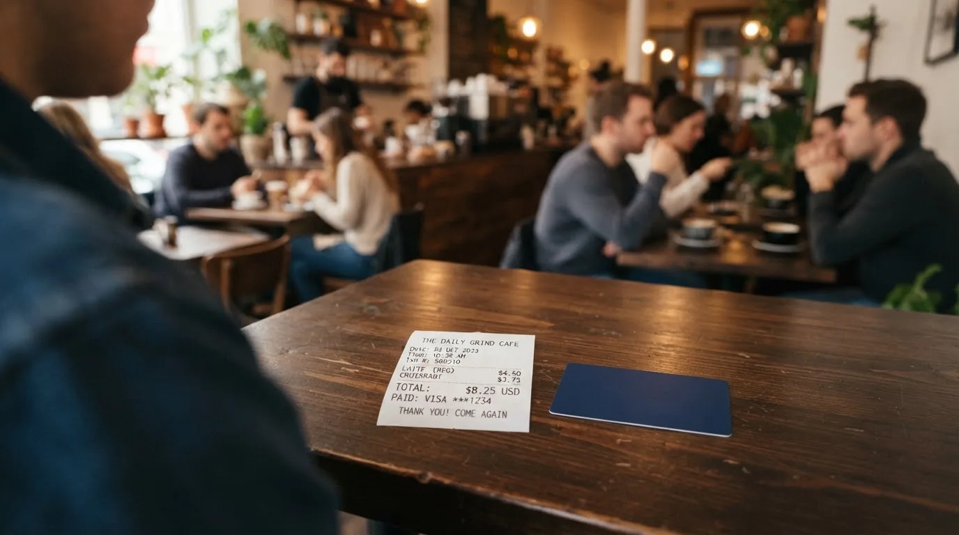 A receipt and a card on a café table