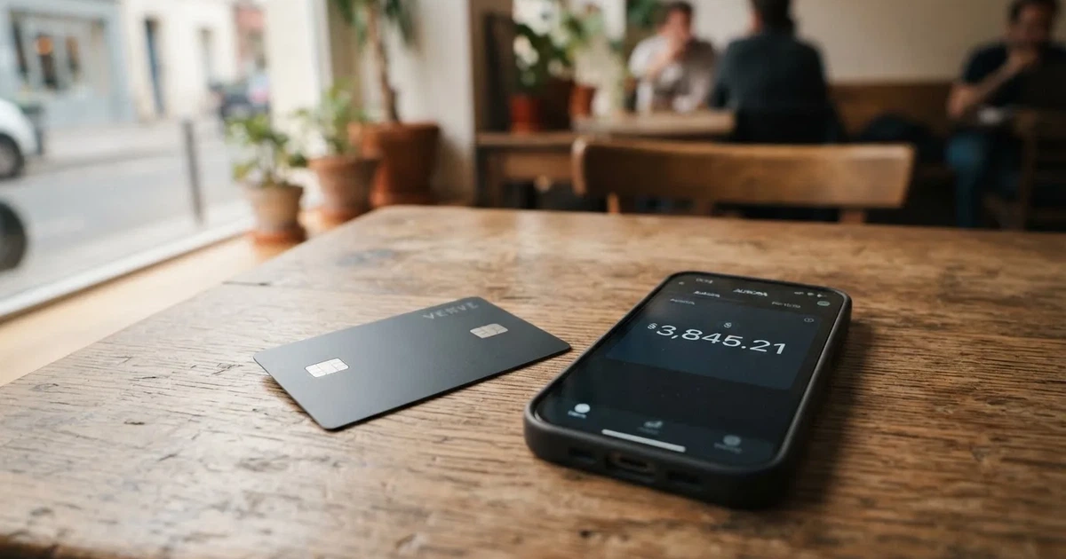 A payment card next to a phone with a crypto wallet app open
