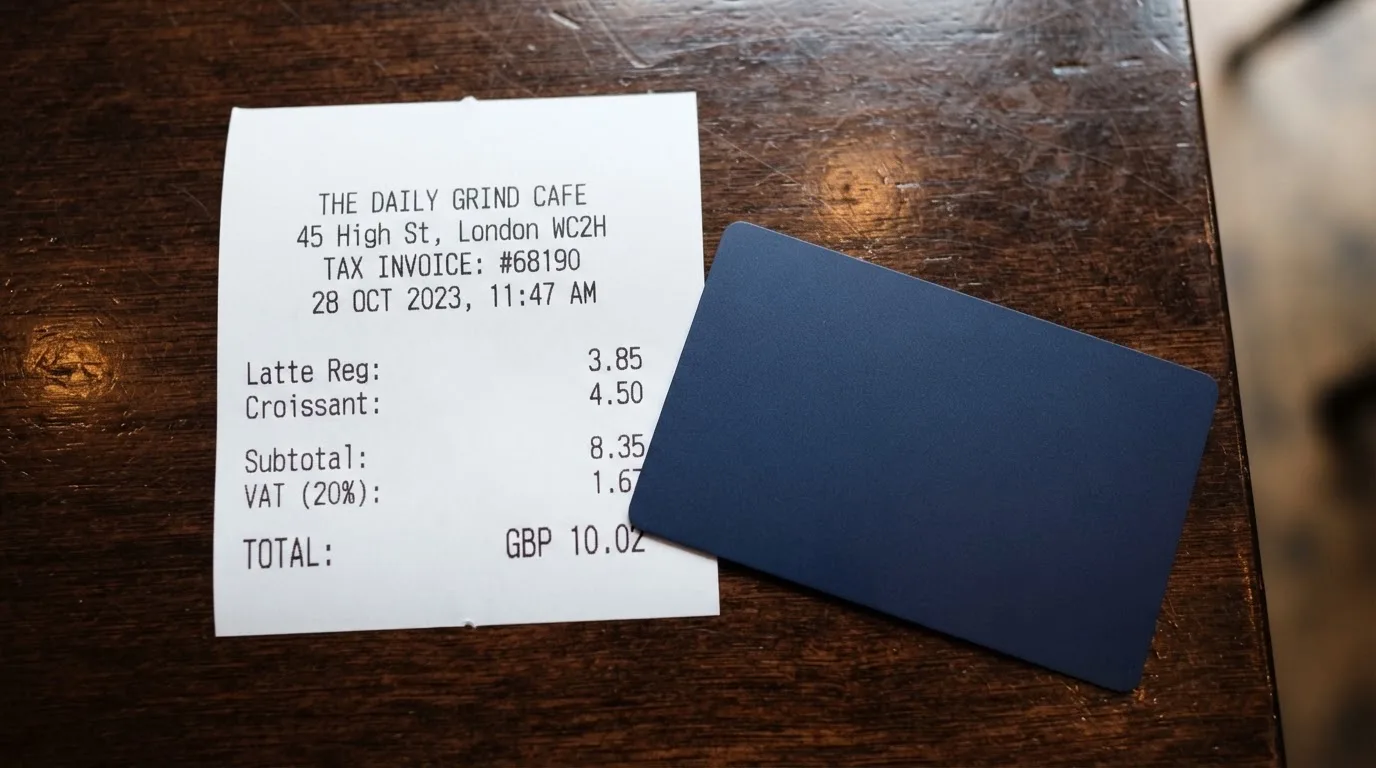 A receipt and a card on a café table
