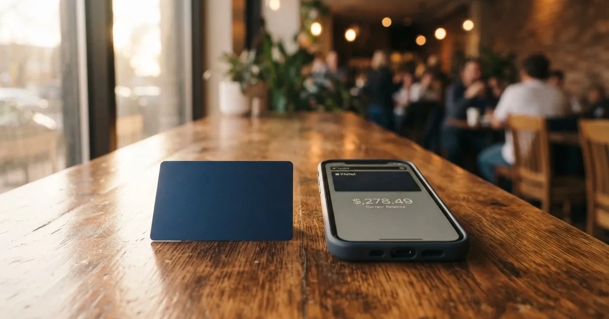 A payment card next to a phone with a crypto wallet app open