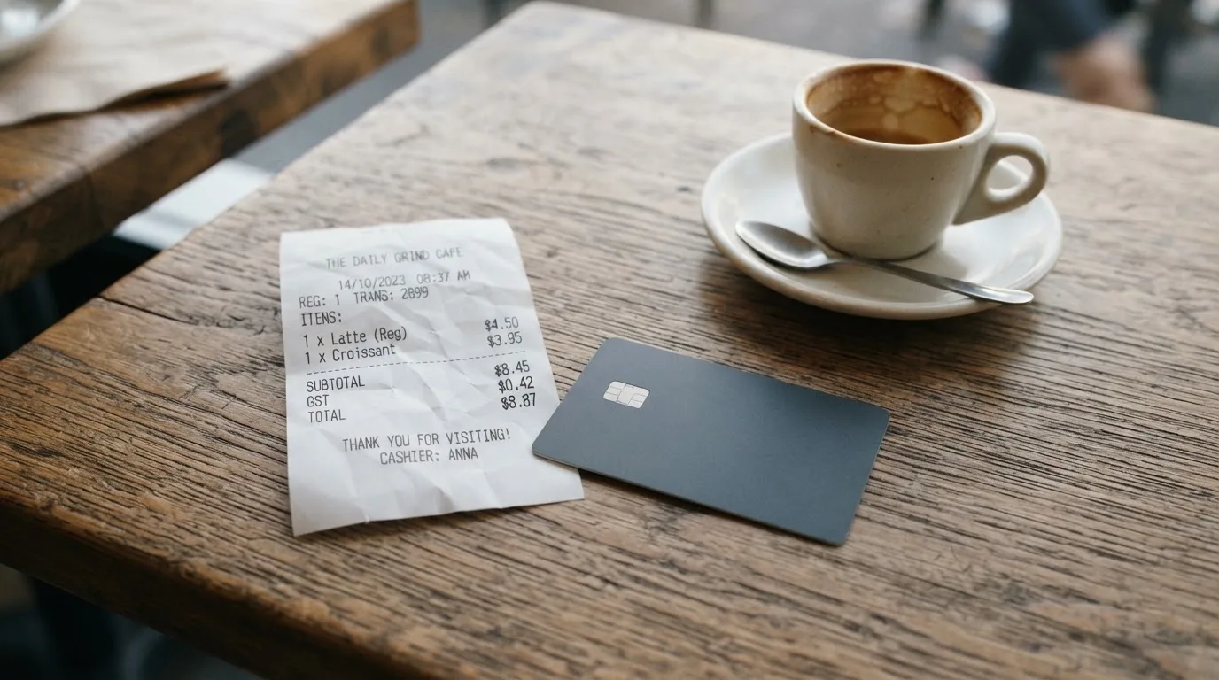 A receipt and a card on a café table