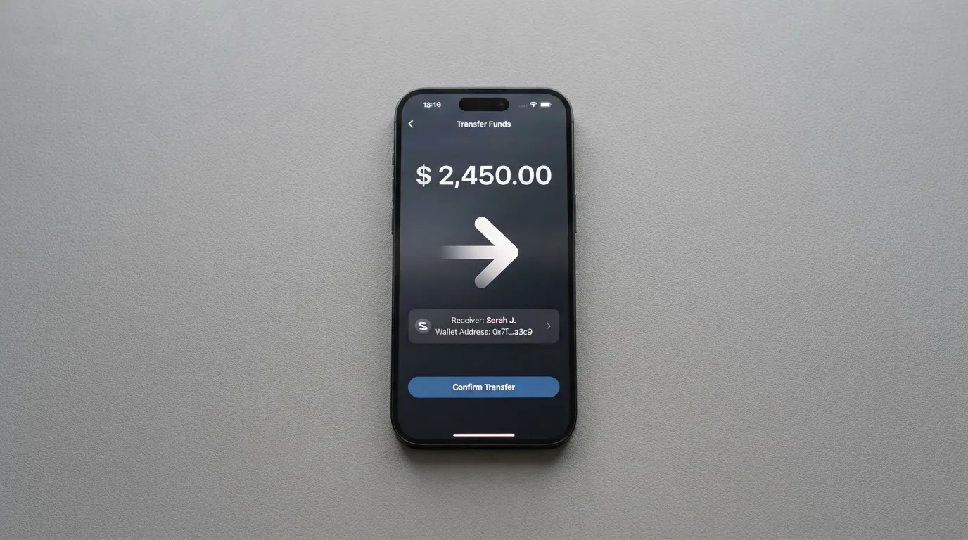 A phone showing a stablecoin transfer screen