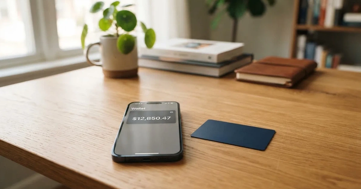 A payment card next to a phone with a crypto wallet app open