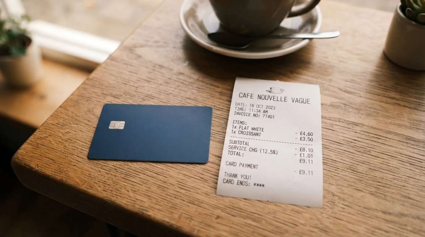 A receipt and a card on a café table