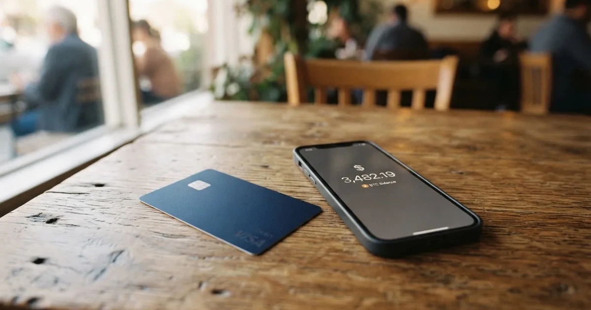 A payment card next to a phone with a crypto wallet app open