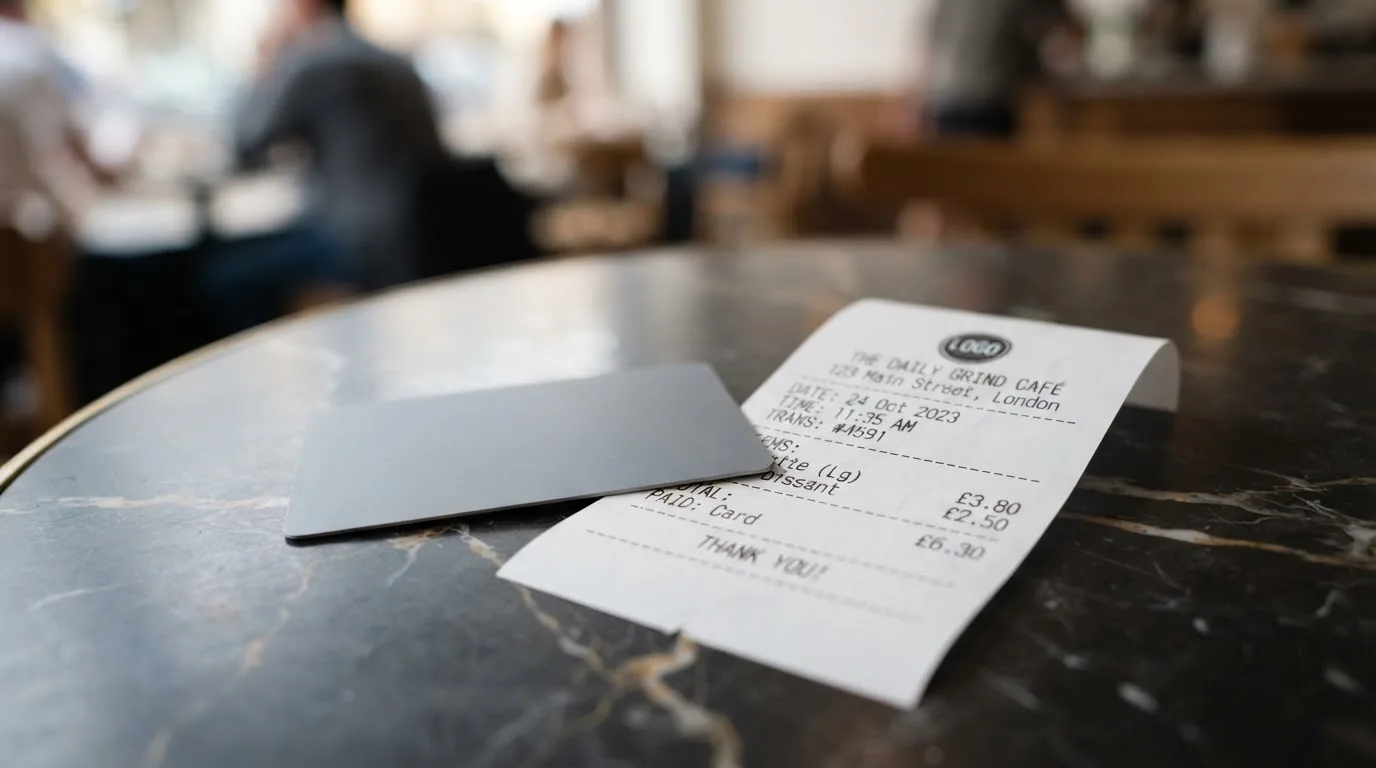 A receipt and a card on a café table