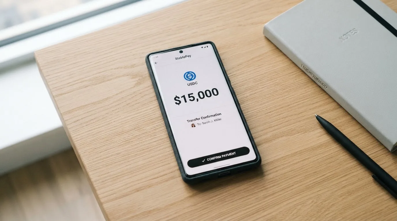 A phone showing a stablecoin transfer screen