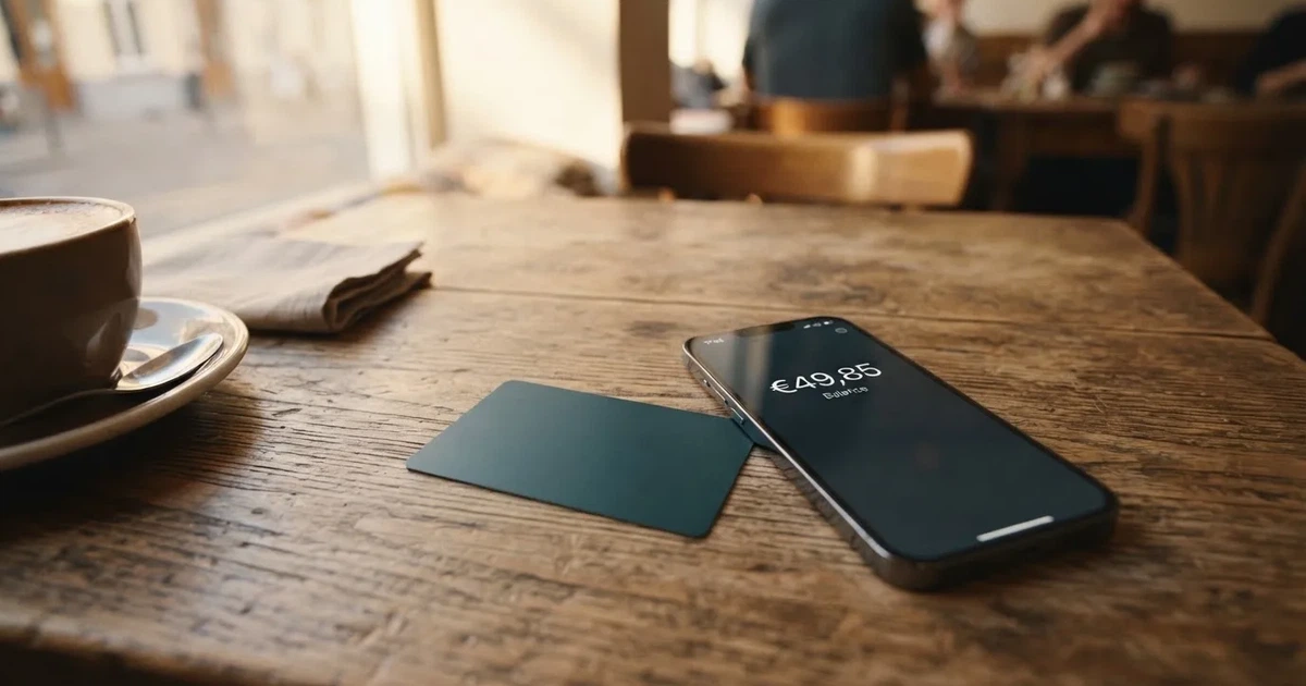A payment card next to a phone with a crypto wallet app open
