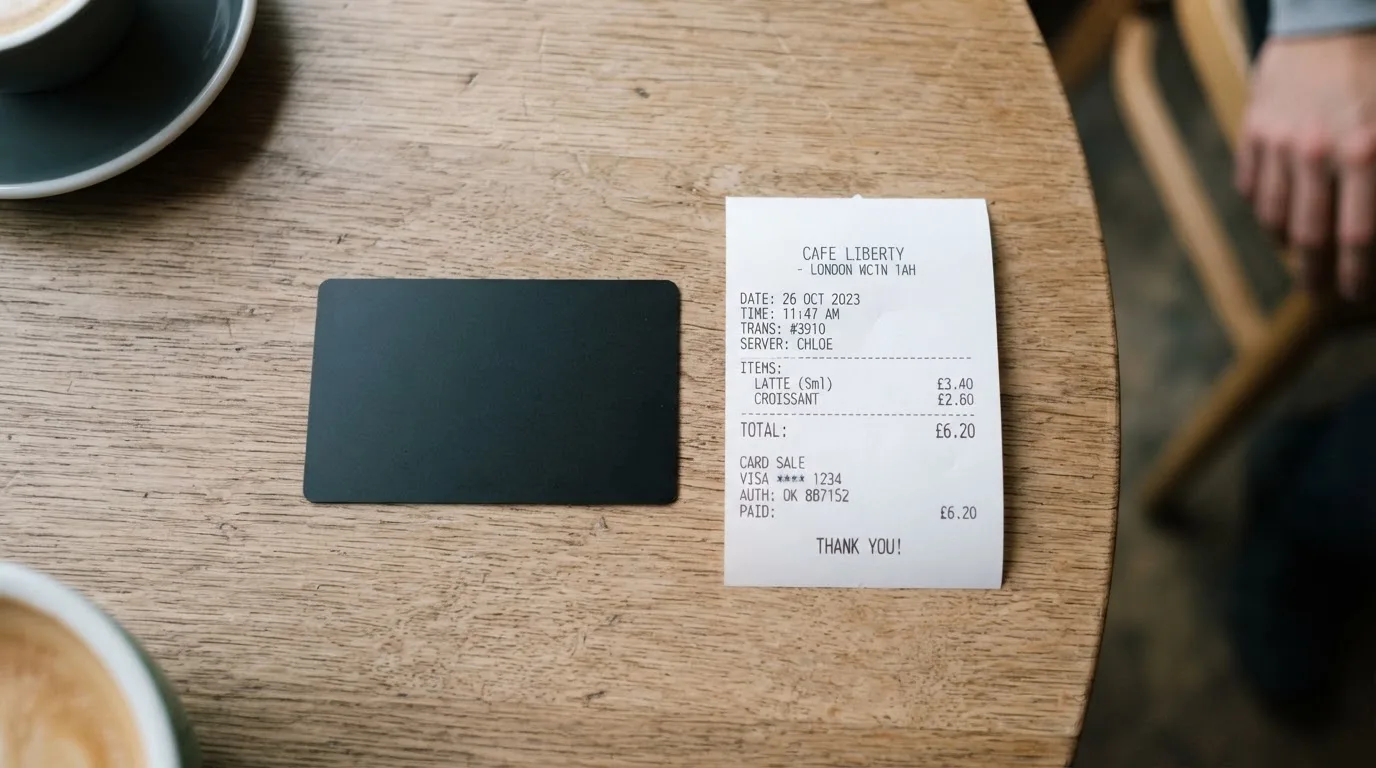 A receipt and a card on a café table