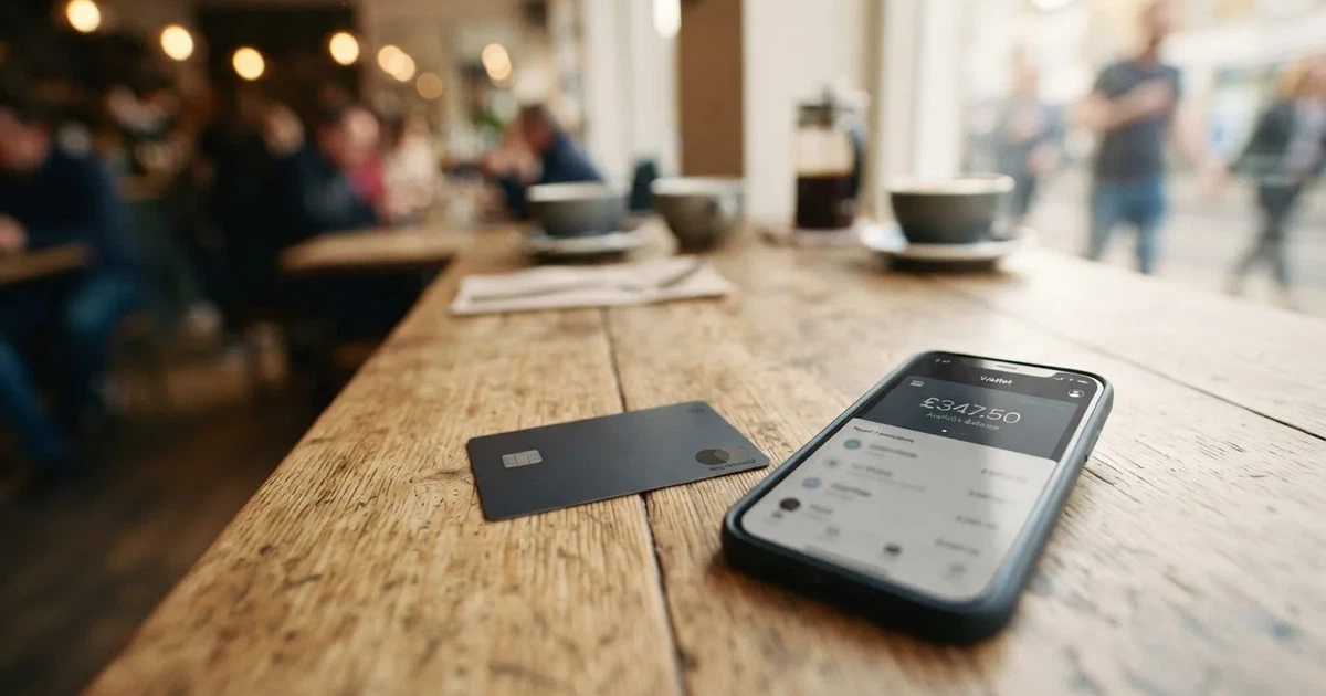 A payment card next to a phone with a crypto wallet app open