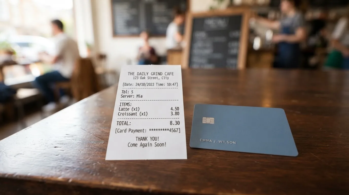 A receipt and a card on a café table