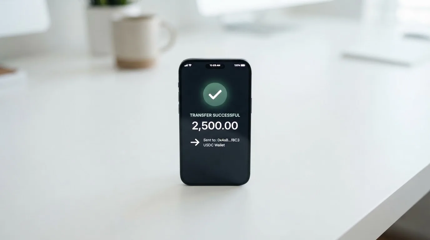 A phone showing a stablecoin transfer screen