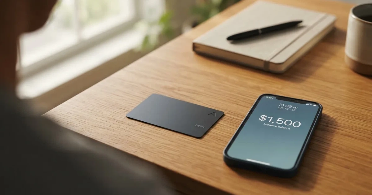 A payment card next to a phone with a crypto wallet app open
