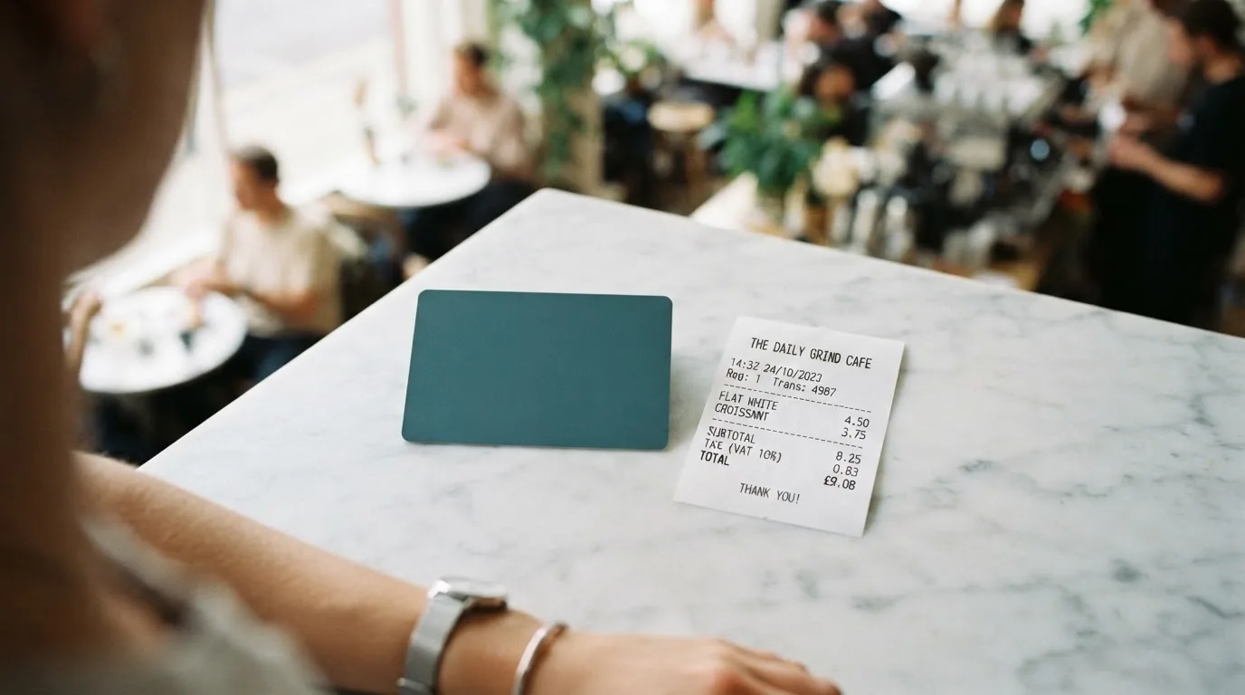 A receipt and a card on a café table