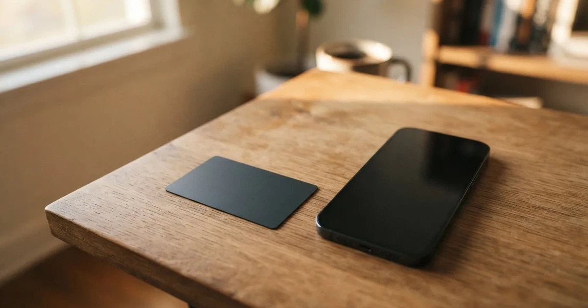 A payment card next to a phone with a crypto wallet app open