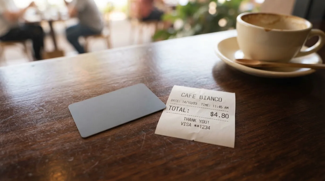 A receipt and a card on a café table