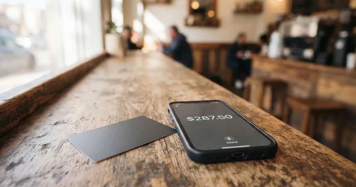 A payment card next to a phone with a crypto wallet app open