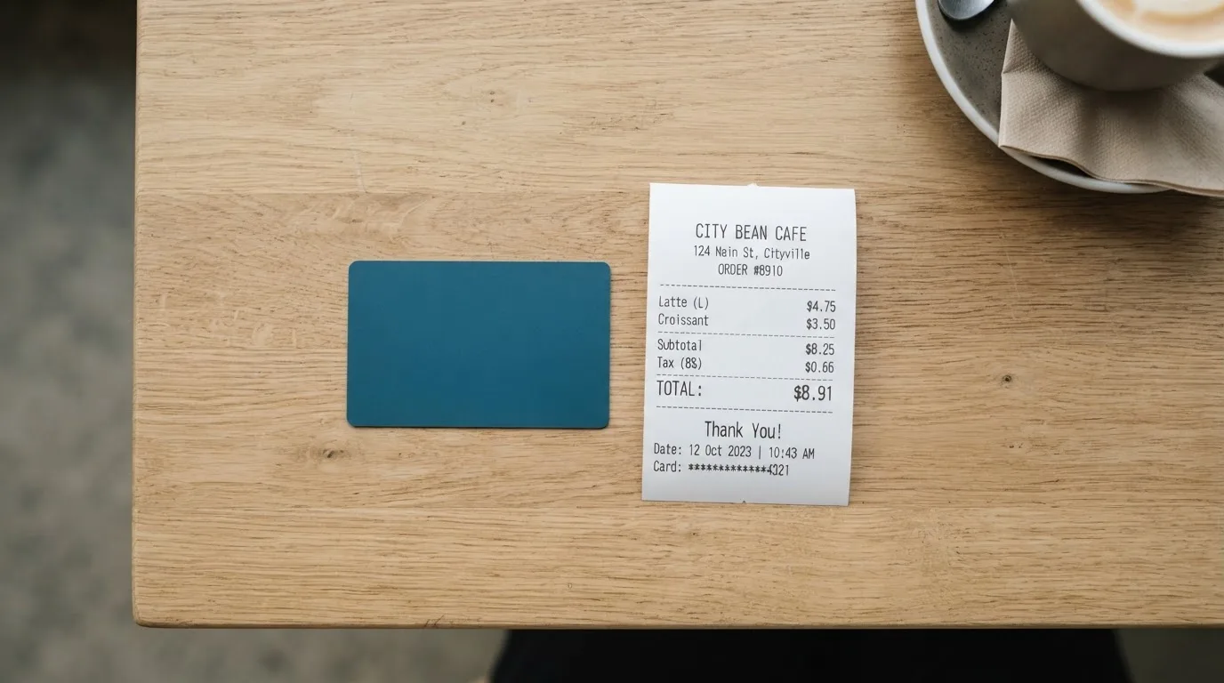 A receipt and a card on a café table