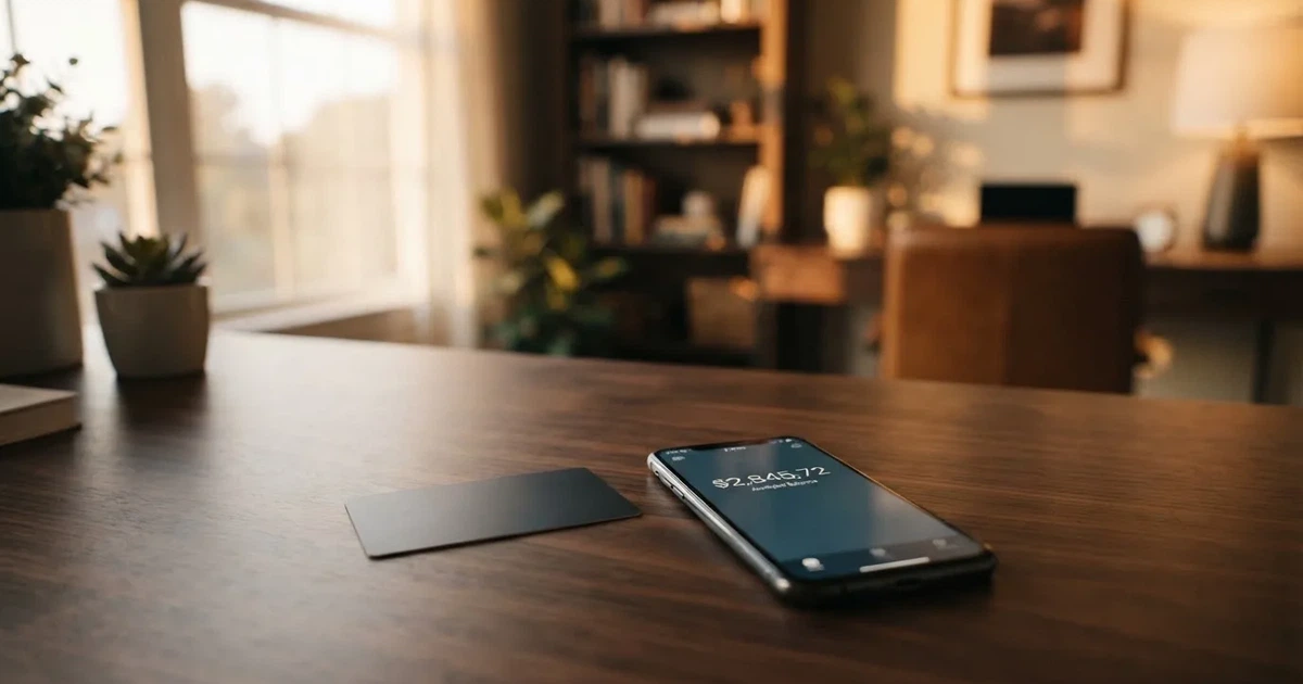 A payment card next to a phone with a crypto wallet app open