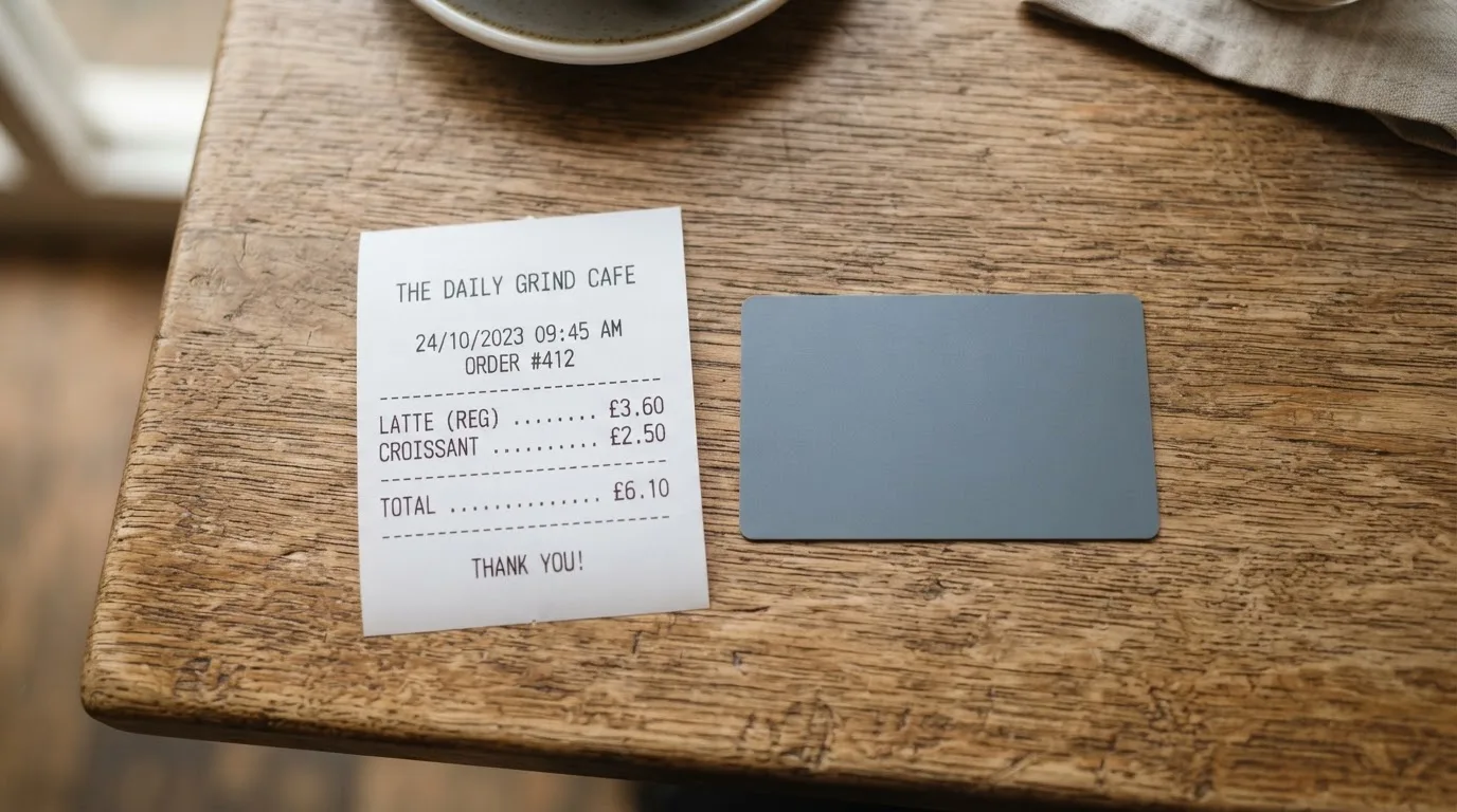 A receipt and a card on a café table