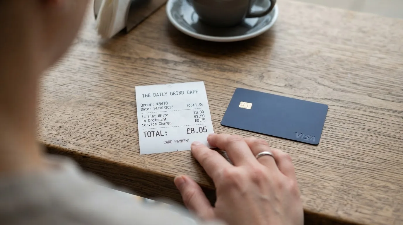 A receipt and a card on a café table