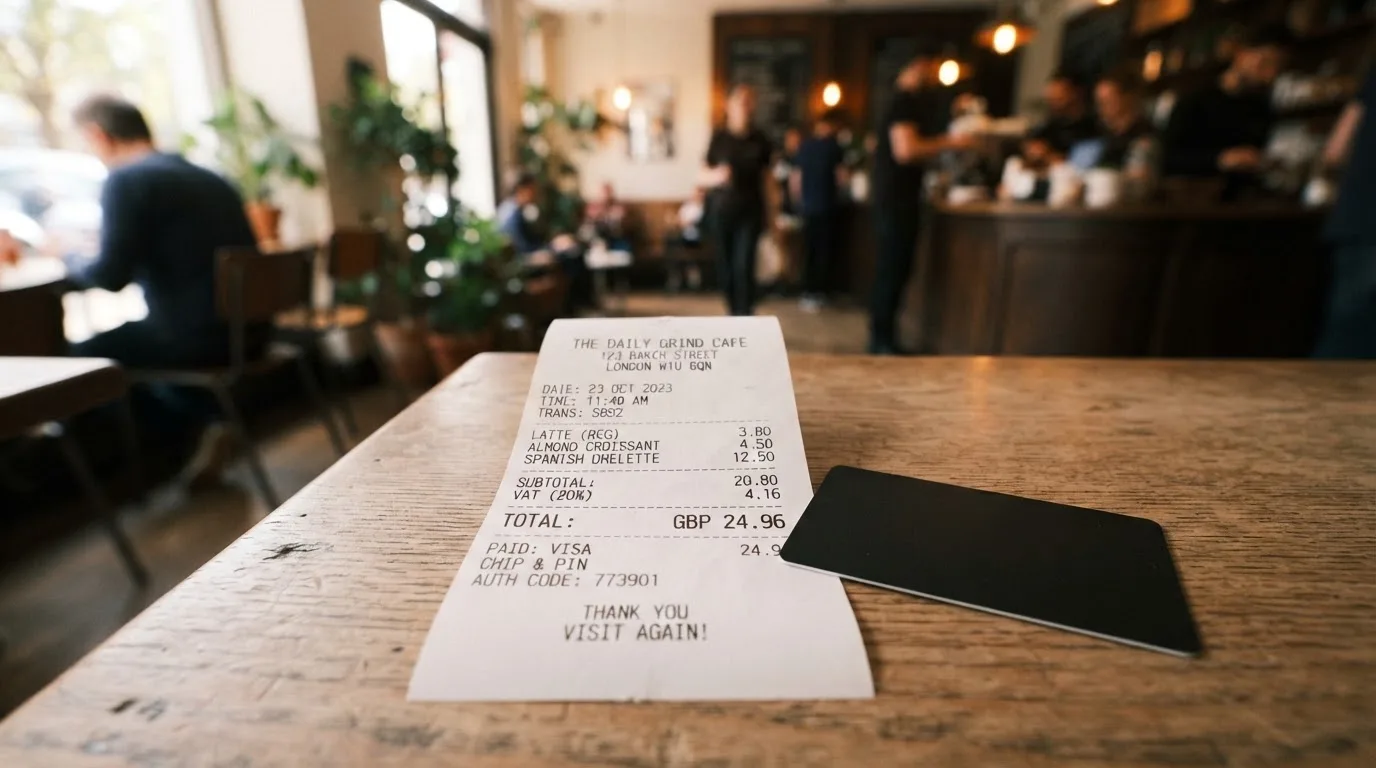 A receipt and a card on a café table