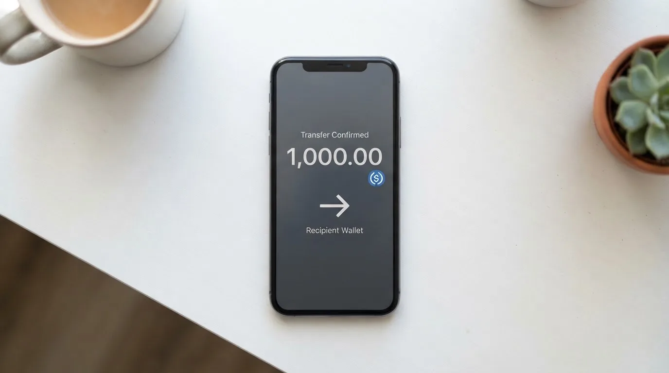 A phone showing a stablecoin transfer screen