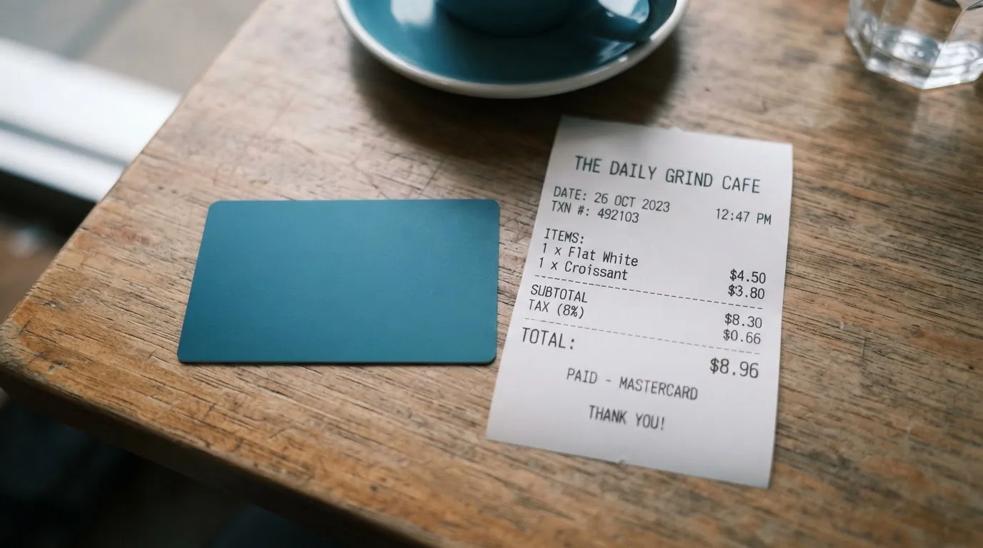 A receipt and a card on a café table