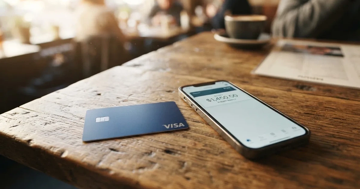 A payment card next to a phone with a crypto wallet app open