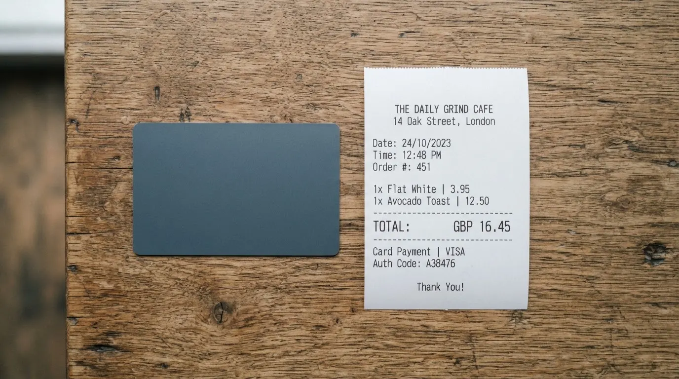 A receipt and a card on a café table