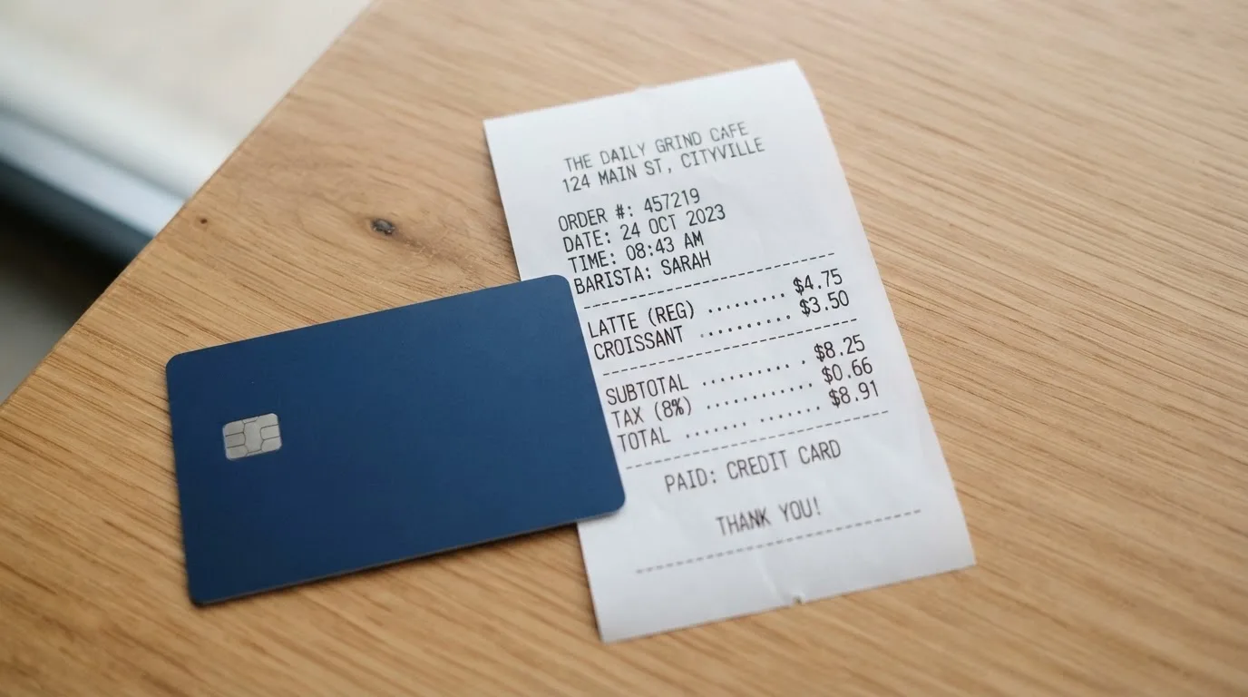 A receipt and a card on a café table