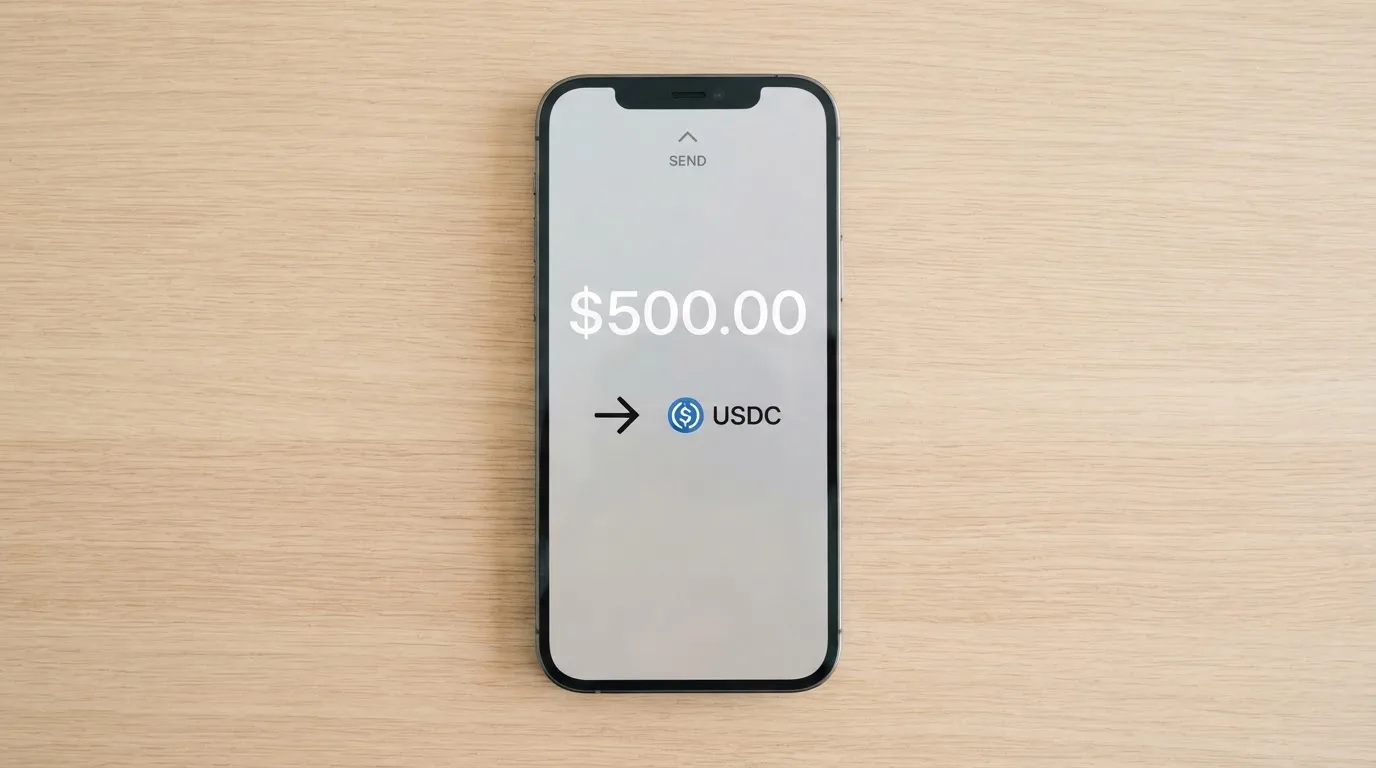 A phone showing a stablecoin transfer screen