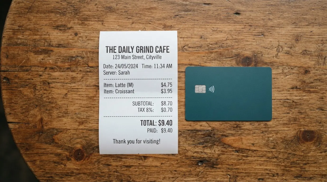 A receipt and a card on a café table