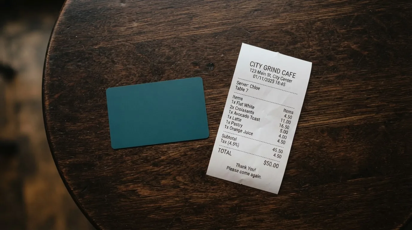 A receipt and a card on a café table