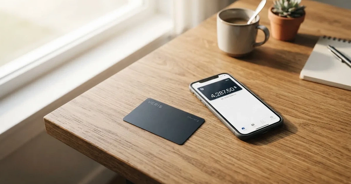 A payment card next to a phone with a crypto wallet app open