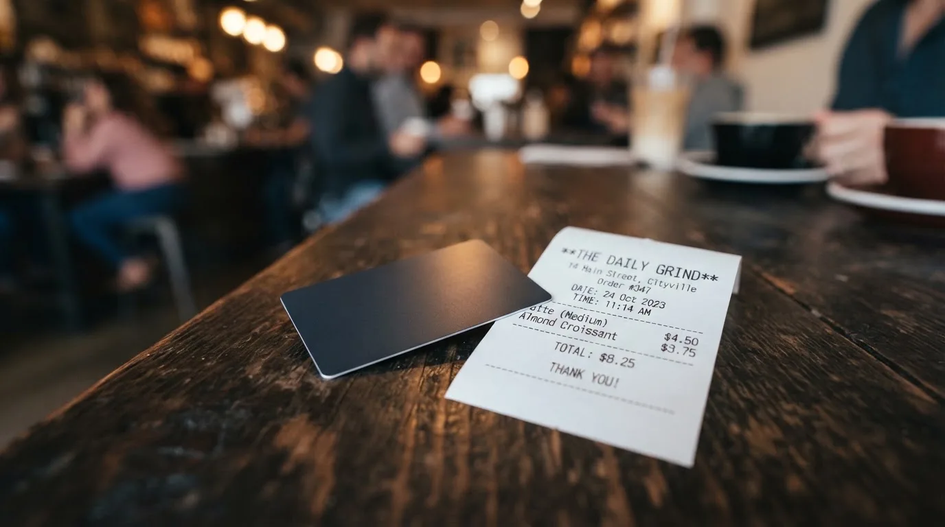 A receipt and a card on a café table