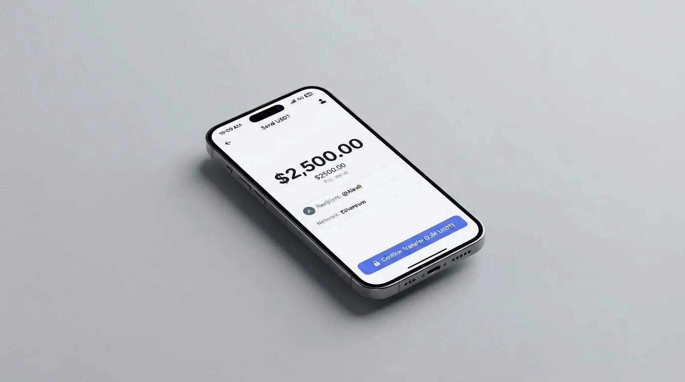 A phone showing a stablecoin transfer screen