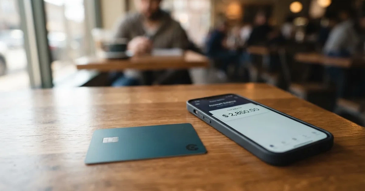 A payment card next to a phone with a crypto wallet app open