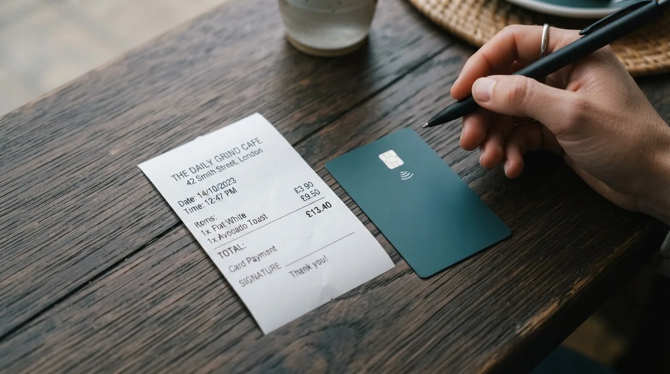 A receipt and a card on a café table