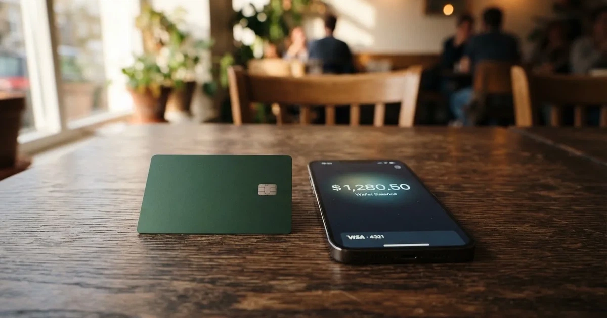 A payment card next to a phone with a crypto wallet app open