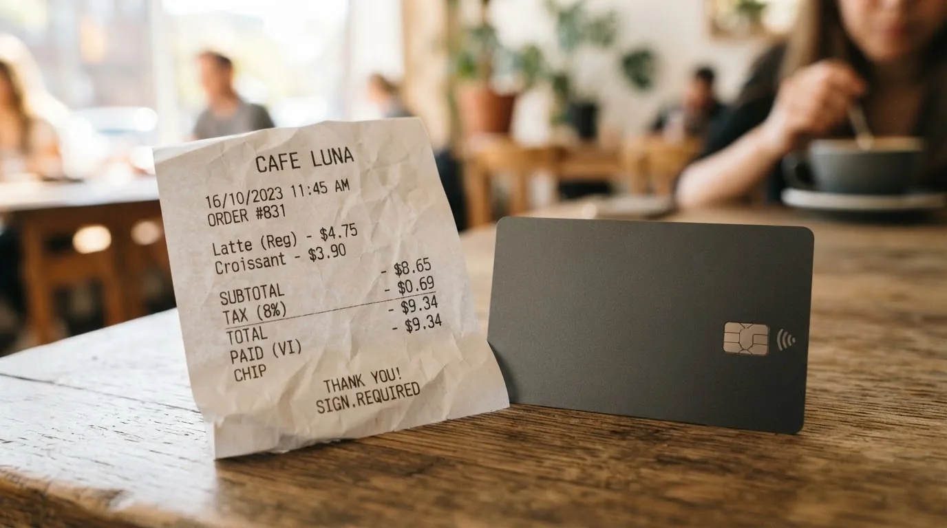 A receipt and a card on a café table