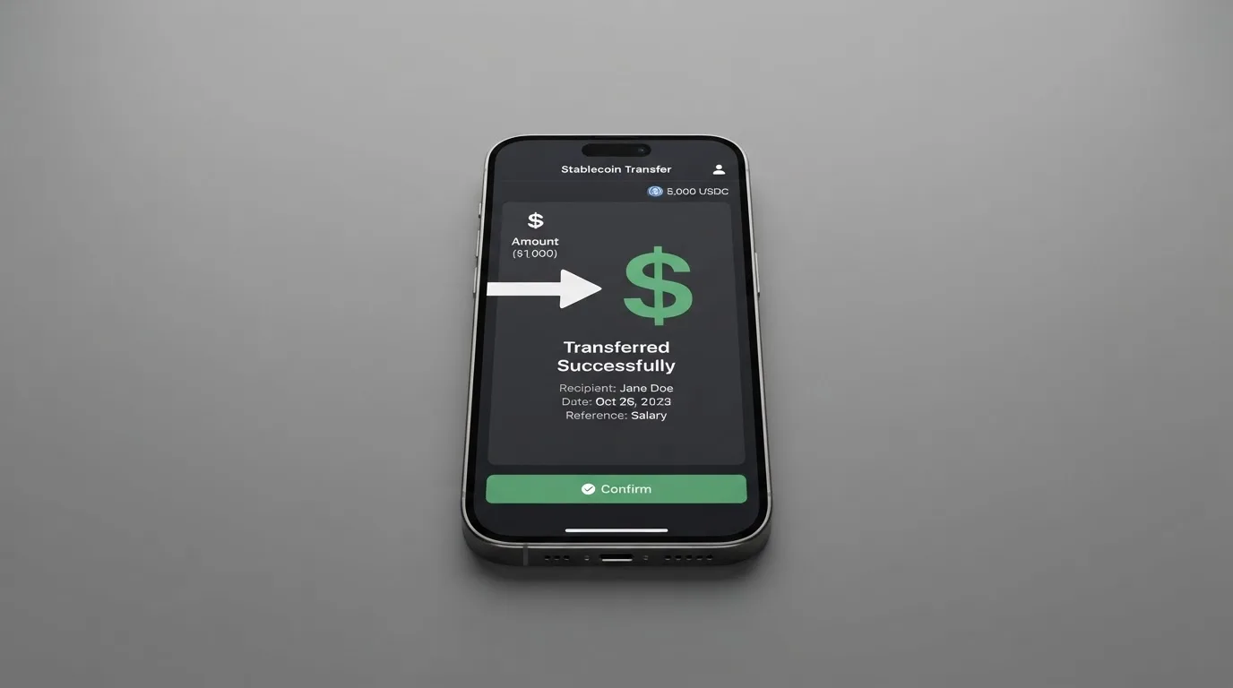 A phone showing a stablecoin transfer screen