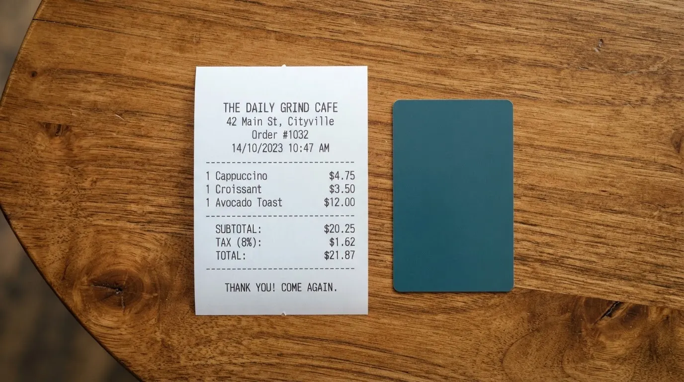 A receipt and a card on a café table